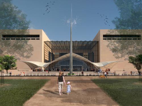 Artist rendering of an updated exterior of the entrance of the Museum building in downtown Washington, D.C., on the National Mall. A large covering can be seen near the entrance alongside a tall sculpture.