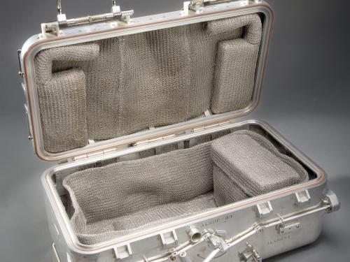 View of Apollo Lunar Sample Return Container opened for display