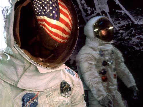 Mosaic of Apollo 11 Armstrong and Aldrin Spacesuits on display