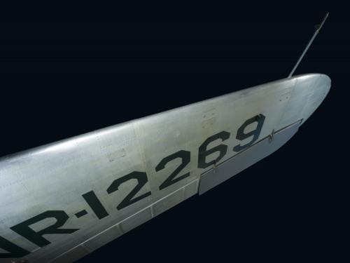 Underwing of Northrop Gamma Polar Star aircraft with "NR-12269" in black lettering