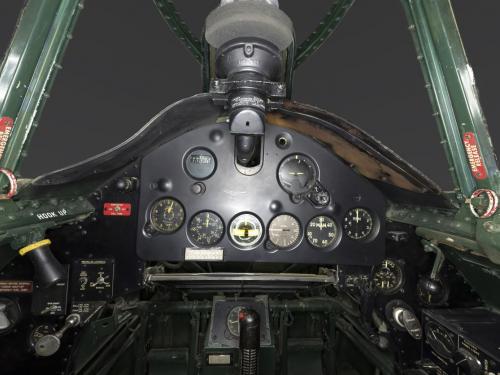 Panoramic interior view of aircraft cockpit
