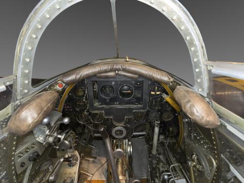 Panoramic interior view of aircraft cockpit