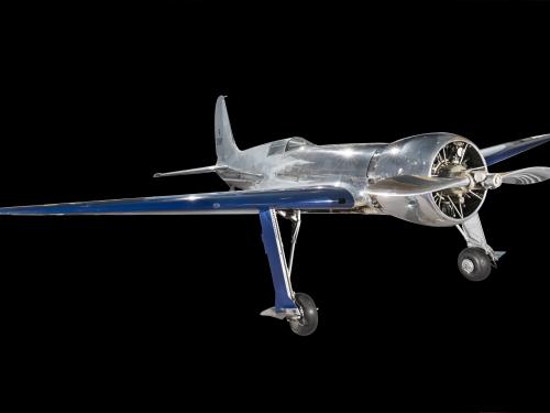 Metalic silver and blue Hughes H-1 Racer aircraft