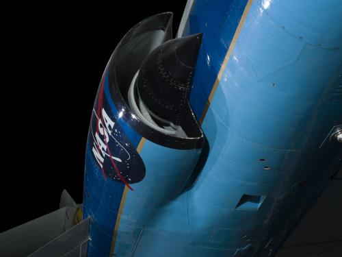 View of engine with NASA logo on side of Lockheed F-104A Starfighter aircraft