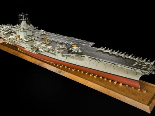 USS Enterprise Aircraft Carrier Model on wooden display stand