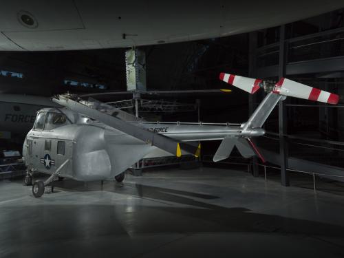 Rear view of a helicopter on display in the museum.