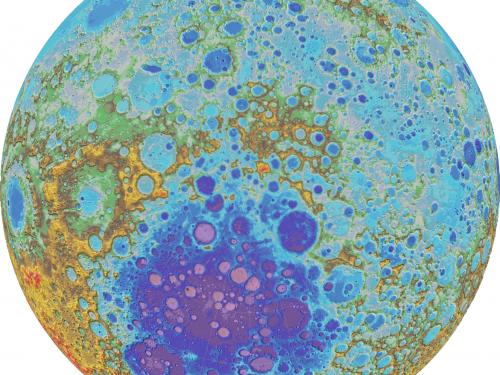 Topography elevation map of the Moon's south pole region. The South Pole region is reflected in dark blue and purple colors, representing a low-elevation area.