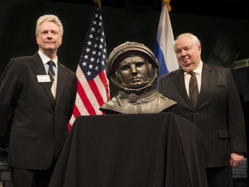 Roger Launius, Associate Director of the Museum, and Ambassador Sergey Kislyak of the Russian Federation to the United States stand behind a bust sculpture of Yuri Gagarin during its presentation to the Museum.