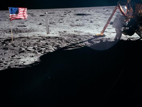 Apollo 11 flag, Lunar Module and Armstrong on the Moon