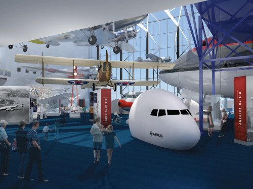 Artist rendering of an exhibition about the history of air transportation in the United States.
