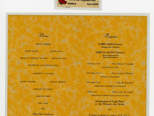 A menu for Aeronautical Banquet honoring the fliers in the Women's Air Derby.