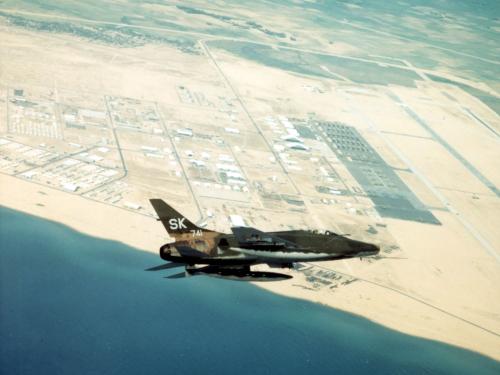 F-100C of the 188th Tactical Fighter Squadron, New Mexico Air National Guard, pictured flying over the Tuy Hoa Air Base, South Vietnam in 1968. 