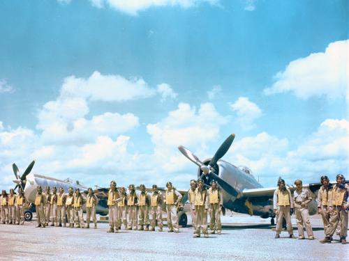 Mexican pilots of 201 Squadron pose in front of their P-47 Thunderbolts