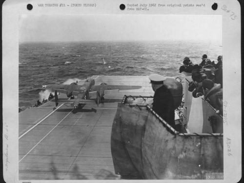 Lt. Gen. Jimmy Doolittle in his B-25 “Whirling Dervish” making his take off from the deck of the U.S.S. Hornet to make the first aerial attack on Tokyo on April 18, 1942.