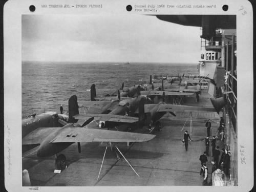 North American B-25 Mitchell Bombers on the deck of the U.S.S. Hornet in route to attack Japan. 