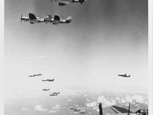 Curtiss SB2Cs and Grumman TBFs (in background) during the Battle of the Philippine Sea