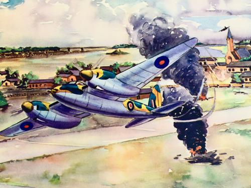 Watercolor of aircraft that had just been hit in the sky. 