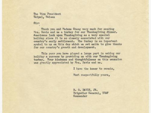 1956 Thank You Letter from Benjamin O. Davis