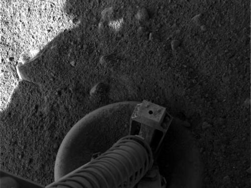 Black and white photo of the lander's leg on the Martian surface.