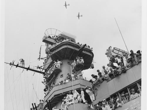 B-29 Superfortresses fly over the USS Missouri