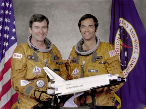 Astronauts John W. Young (left), commander, and Robert L. Crippen, pilot, part of the first STS-1 program. 