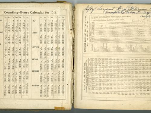 Two side-by-side pages of a book, of which the left page features a 1918 calendar headed as "Counting-House Calendar for 1918" and the right page has writing mentioning its purpose as a birthday book alongside the gifter of the book.