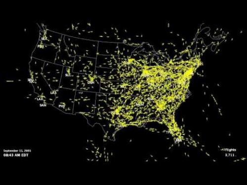 Video of air traffic control data showing airplanes flying over the US and then vacating airspace