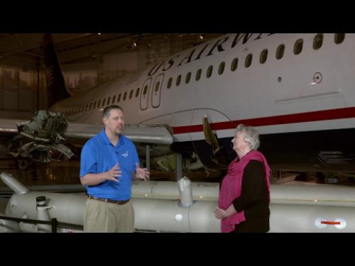 Interview in front of aircraft about the Miracle on the Hudson.