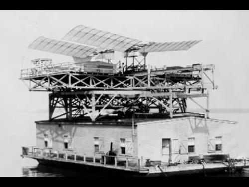 A montage of photos featuring aerodrome testing and Samuel Langley.