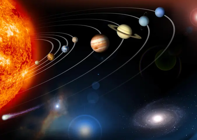 An illustration depicting the Sun on the lefthand side followed by each planet in order across the image horizontally.