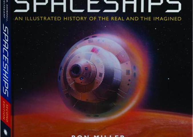 A book cover with the text "Spaceships An Illustrated History of the Real and the Imagined" it shows a spacecraft entering a planet's atmosphere.