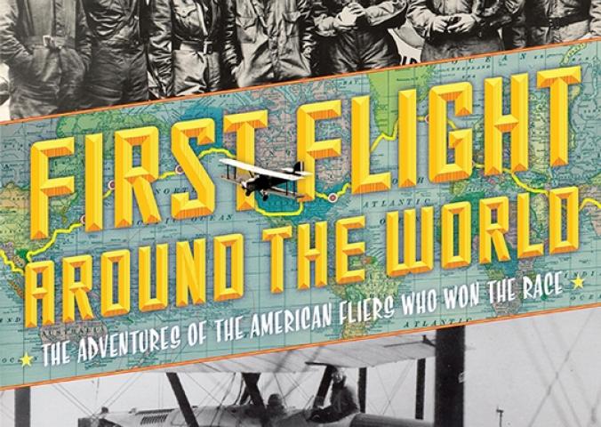 A book cover about the first around the world flight featuring pictures of an aircraft and a group of aviators who participated in the flight.