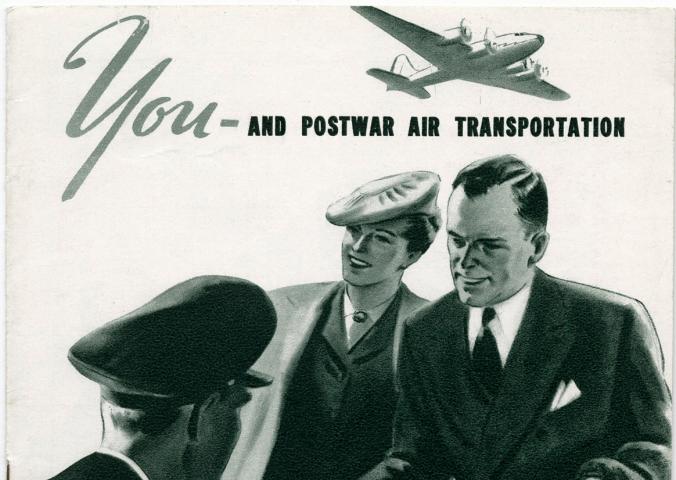 Black and white American Airlines travel brochure promoting the airline following World War II. The brochure features an image of two people and a pilot looking at a large globe.