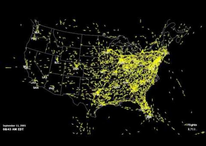 Video of air traffic control data showing airplanes flying over the US and then vacating airspace