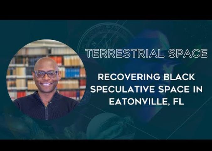 A slidedeck about afrofuturism in Eatonville, Florida, with a video of the presenter in the upper right hand corner. 