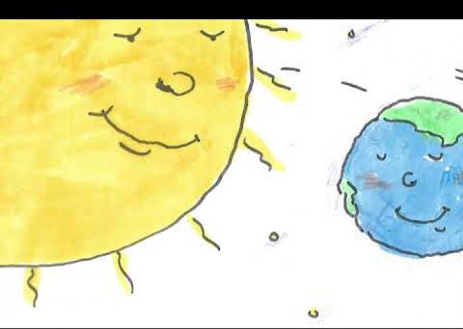 An animated video with a story about the Earth's orbit followed by a craft.