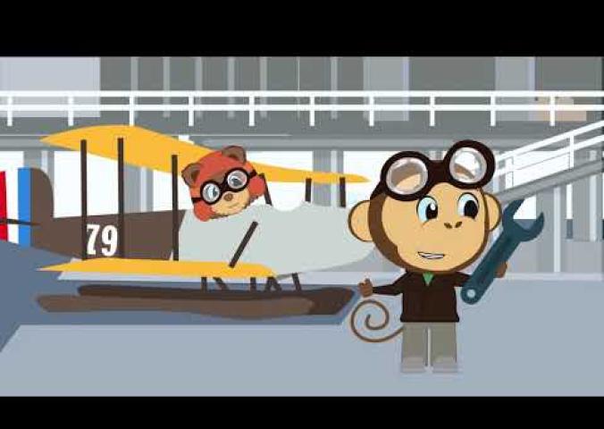 An animated video showing animals flying planes