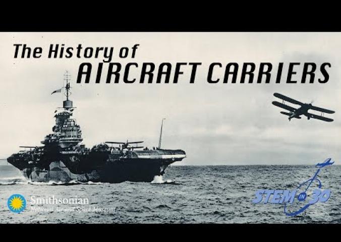 Historic photos of aircraft carriers with voice over narration. 