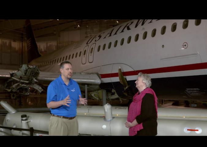 Interview in front of aircraft about the Miracle on the Hudson.