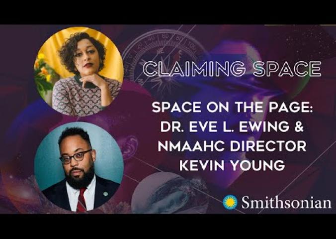 A speaker, Dr. Eve L Ewing, a woman, speaks to Kevin Young, a man, about literature from an Afrofuturism perspective.