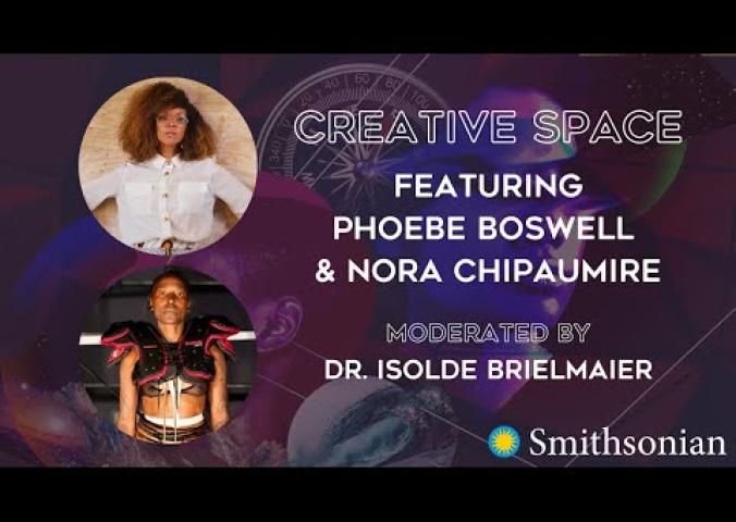 Two women in conversation moderated by a third person. The discussion is about expression, creativity, and the future from an Afrofuturism perspective.