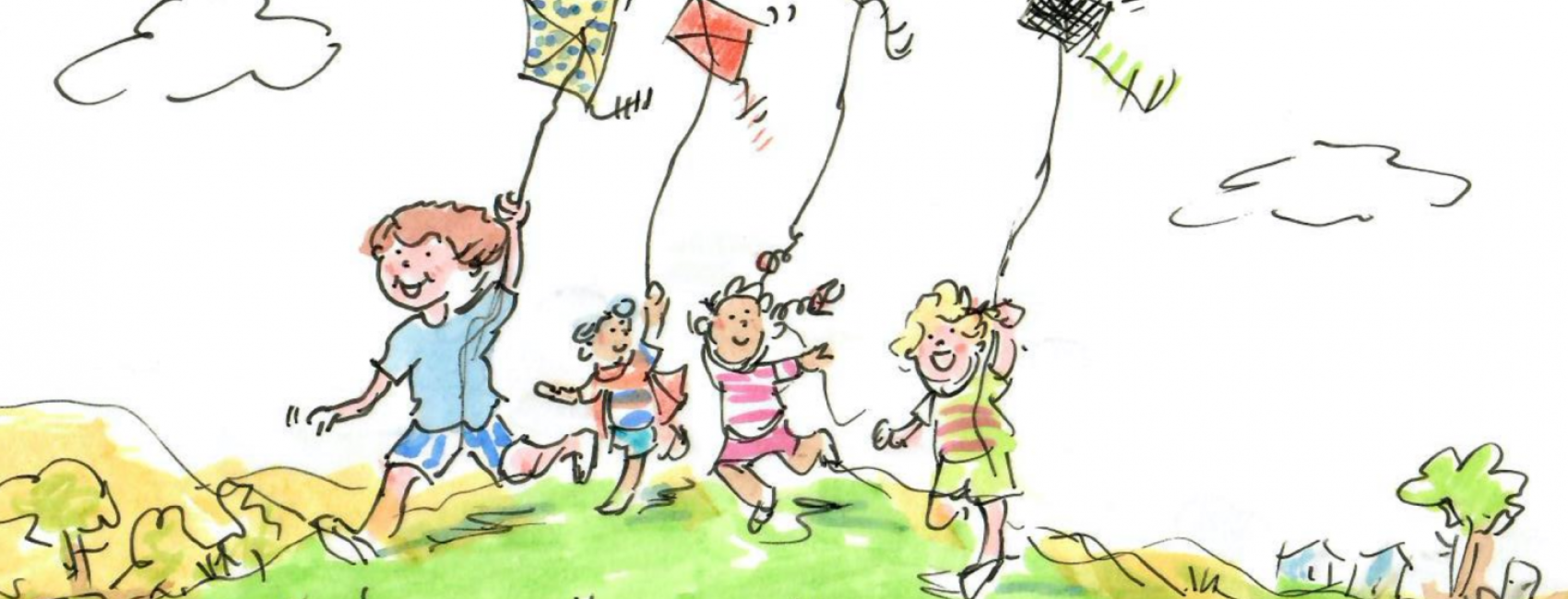 A drawing of children playing with kites.