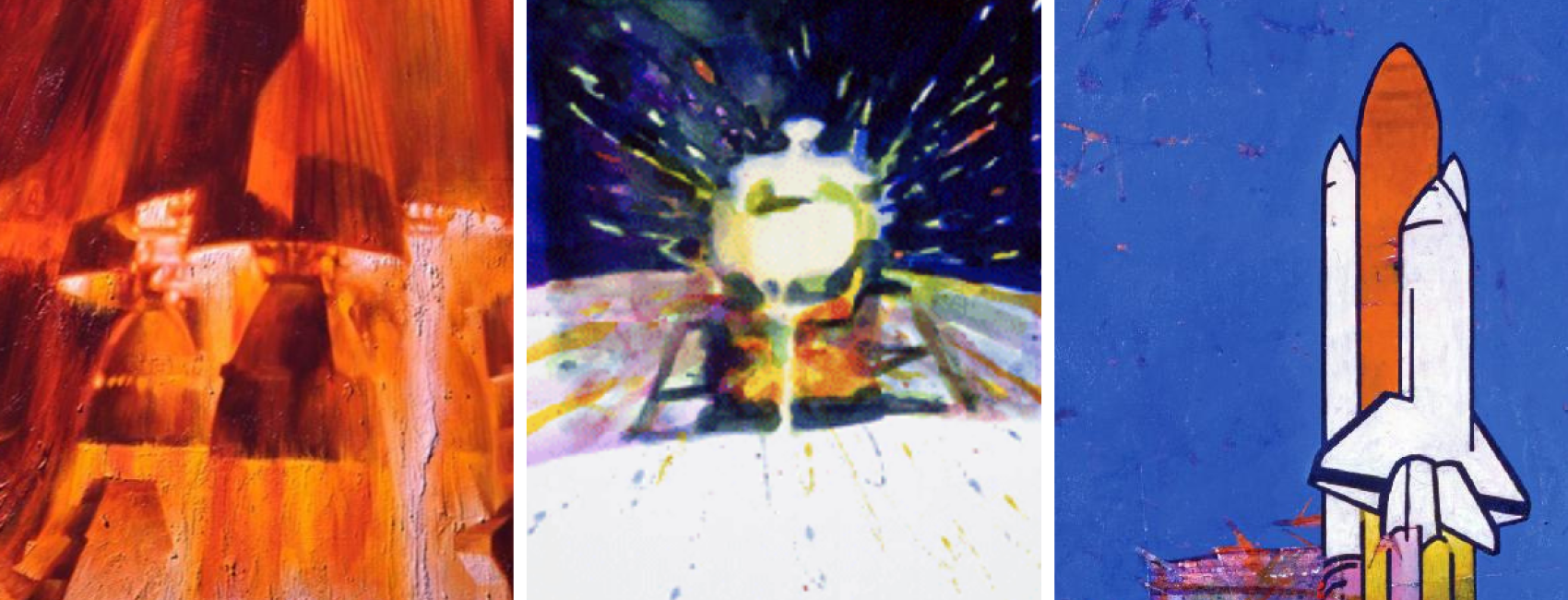 Three paintings of spacecraft launching