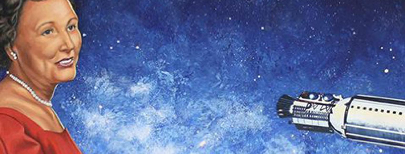 Cropped image of a painting of Mary Golda Ross. She stands on the left side of a the frame in a dress. A spacecraft floats on the right side against a starry background field.