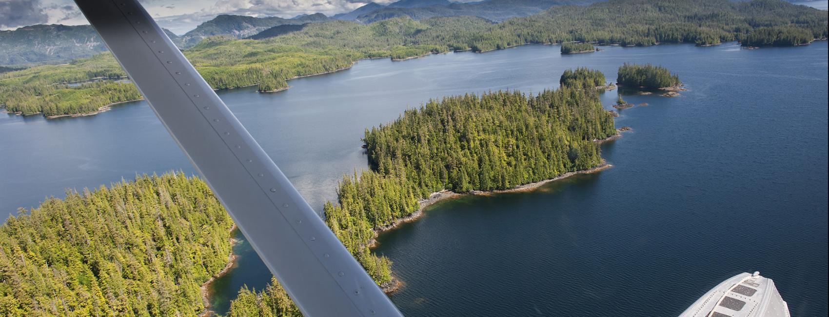 Aerial view of Prince of Wales island with float plane pontoon and wing strut.