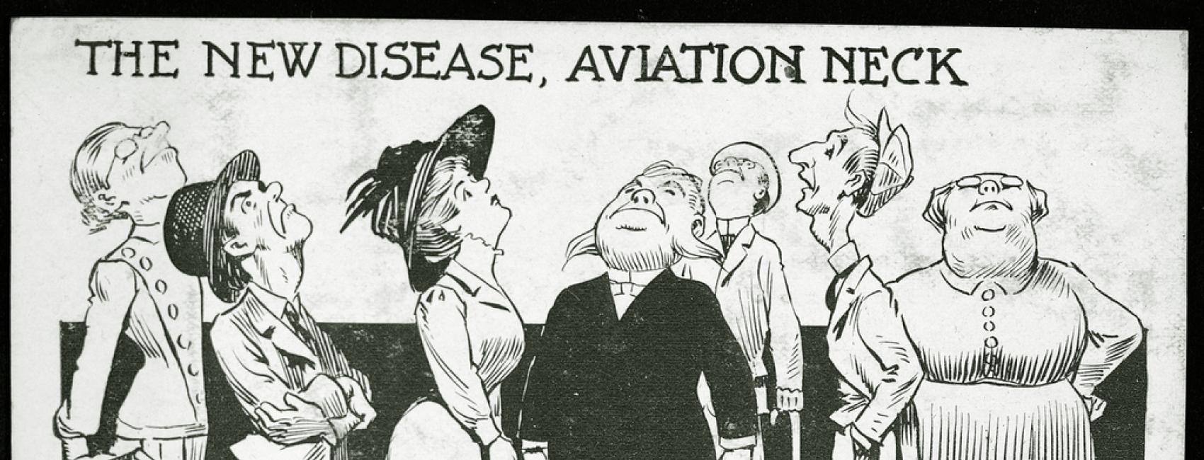 Seven people crane their necks toward the sky, their heads presumably looking up at a passing airplane.