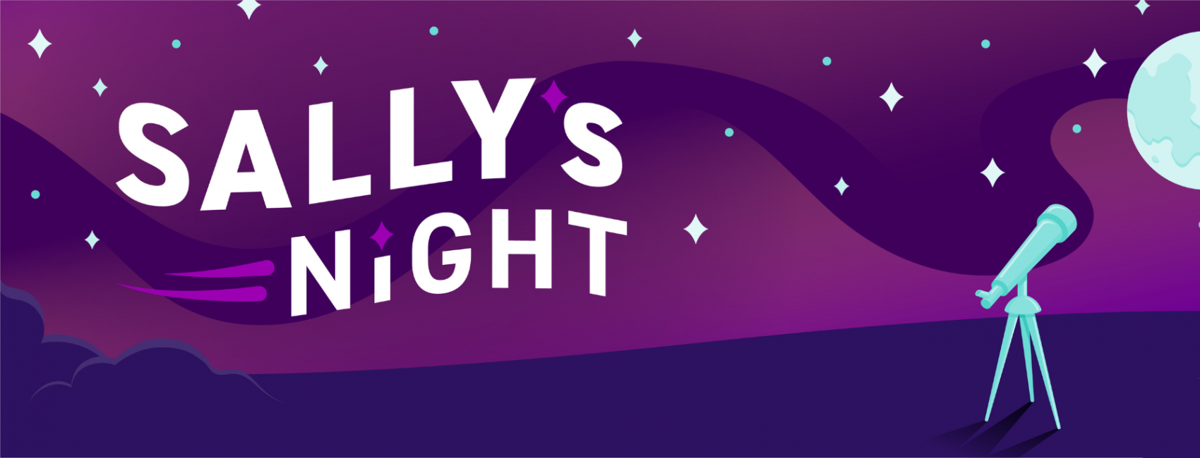 Graphic that says Sally's Night and feature a telescope looking at the Moon 