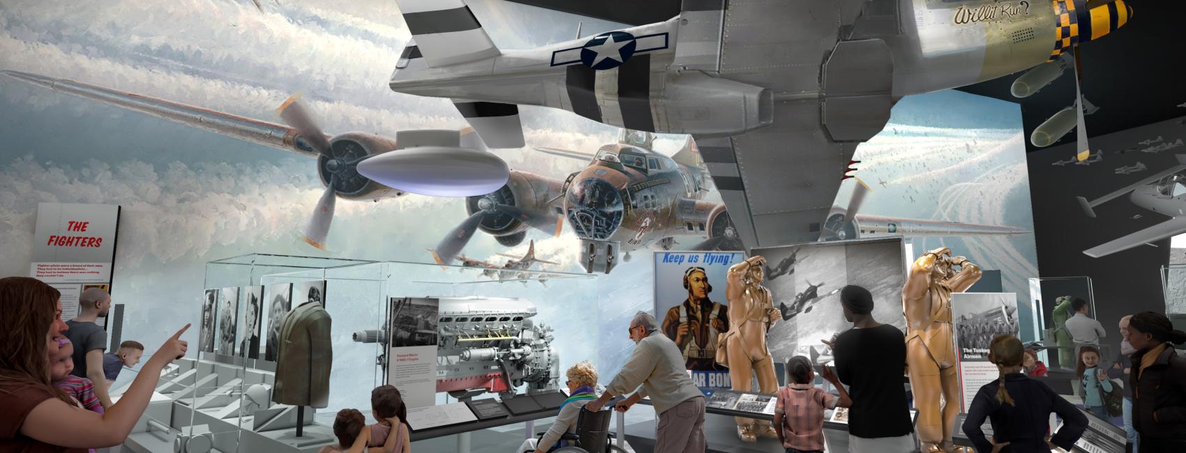 A rendering of a museum gallery with world war II aircraft hung from the ceiling and related objects on display.