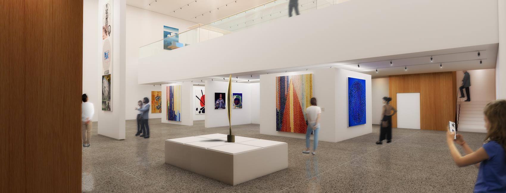 A rendering of a museum gallery that has different types of art related to aviation and space on display.