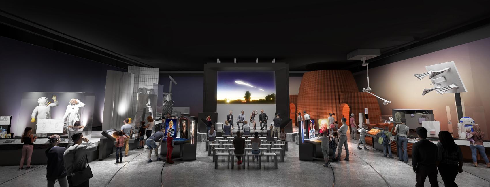 A rendering of a museum exhibition with benches at its center in front of a stage. On the left and right are different objects and displays related to the future of space exploration.